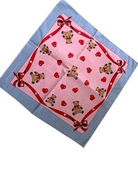 Vintage Teddy Bear Print Bandana Pink and Blue Made in USA 90s